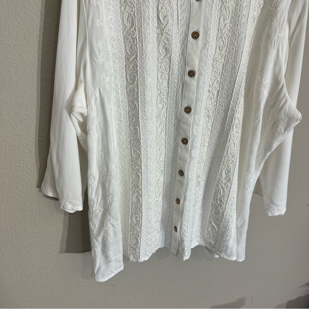 Soft Surroundings white embroidered button tunic top 2x tie back boho romantic - Picture 5 of 15